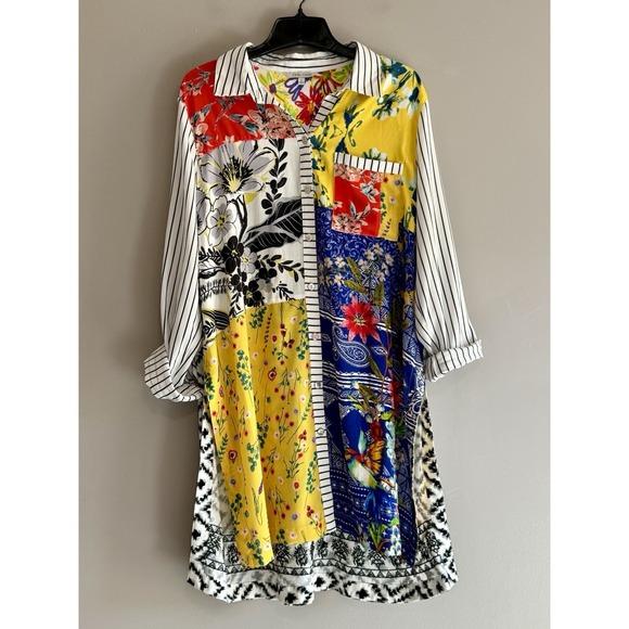 John Mark Tunic Top Patchwork Floral Mixed Print Art Boho Bird Large Maximalist - Picture 11 of 17